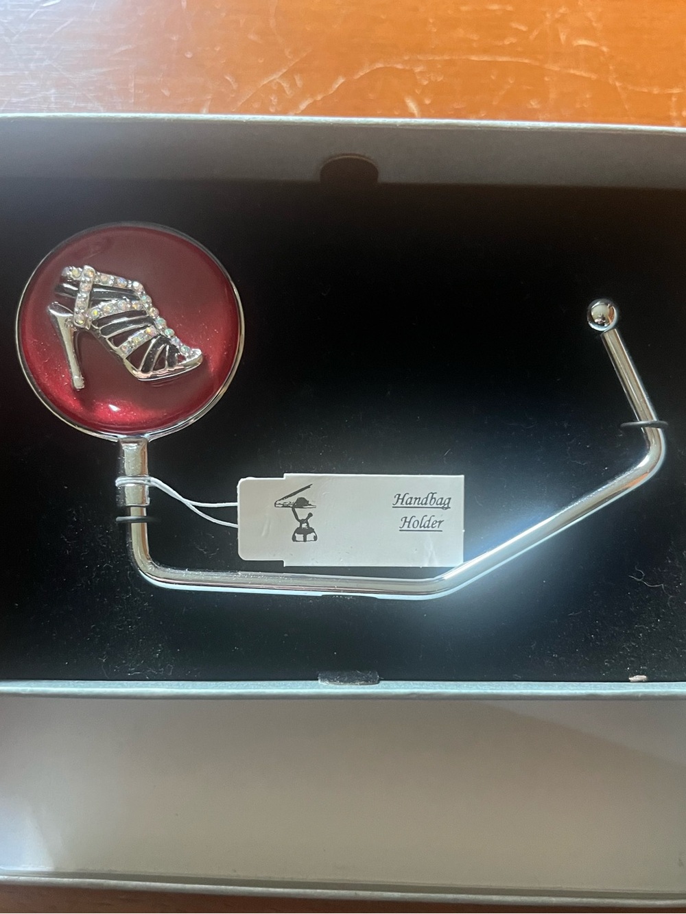 Purse Hook Handbag Holder with Red Accent and Rhinestone Shoe Brand New!